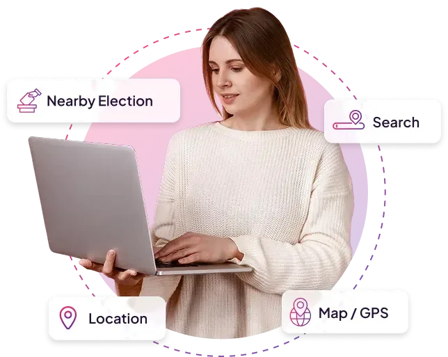 Voter searching for ballot information by address on a laptop, labeled with Nearby Election, Search, Location, and Map/GPS